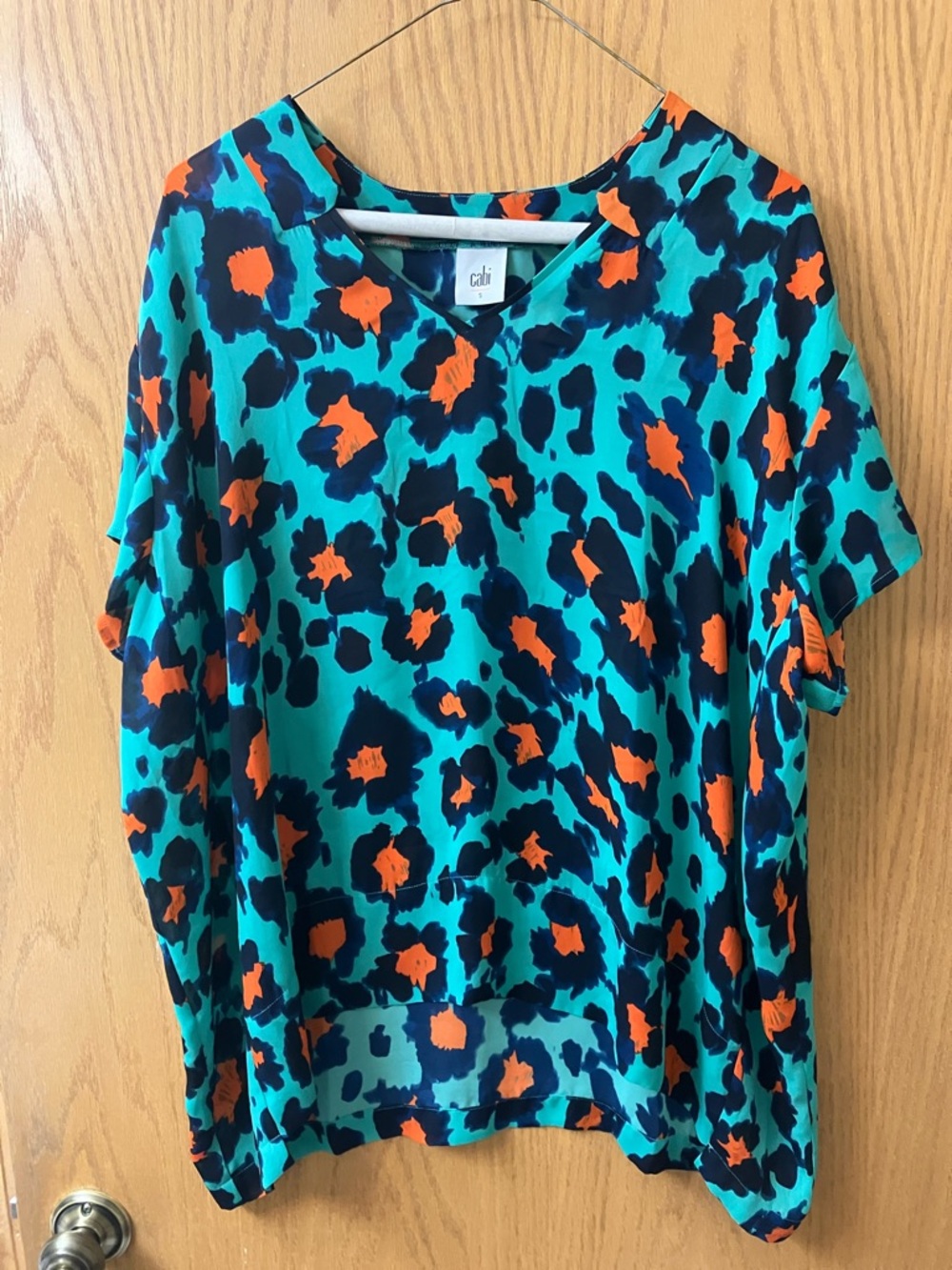 CAbi Teal Leopard Print Top with Orange and Navy size small